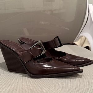 Zara Maroon Buckle Wedge Mules